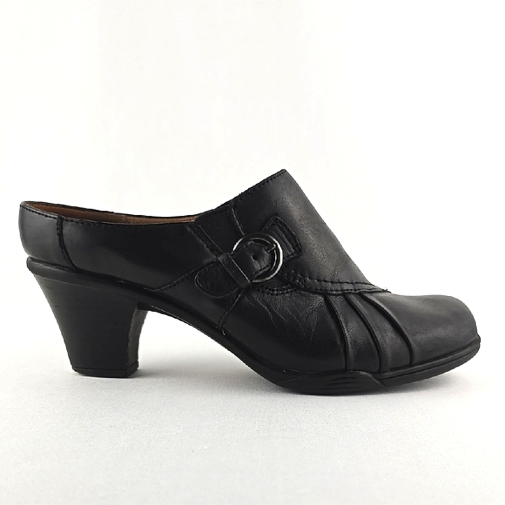 Earth Spirit Women's Emily Black Leather Heeled Mules Pleat Buckle Design Size 6